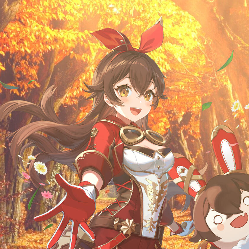 This is something I recreated after seeing it as a YouTube thumbnail probably once in my life in like 2018. This sort of chasing An edit of a render of Amber, from Genshin Impact, pictured in an orange, Autumnal forest. I like to call this place Agnezia.