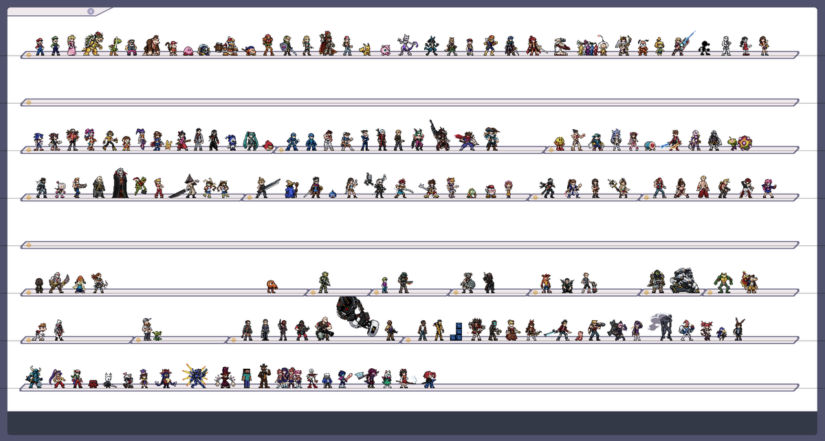 a ton of my spritework, a lot of it speaks for itself. its in essence supposed to be a roster for Super Smash Bros.